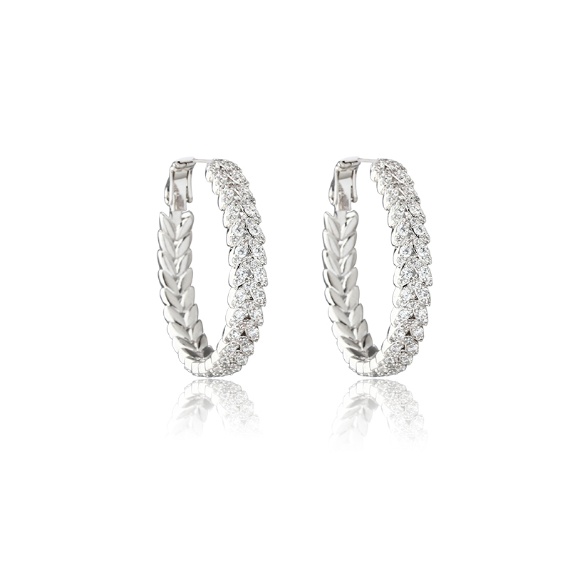 Silver-Tone Wheat Leaf & Pave CZ Hoop Earrings