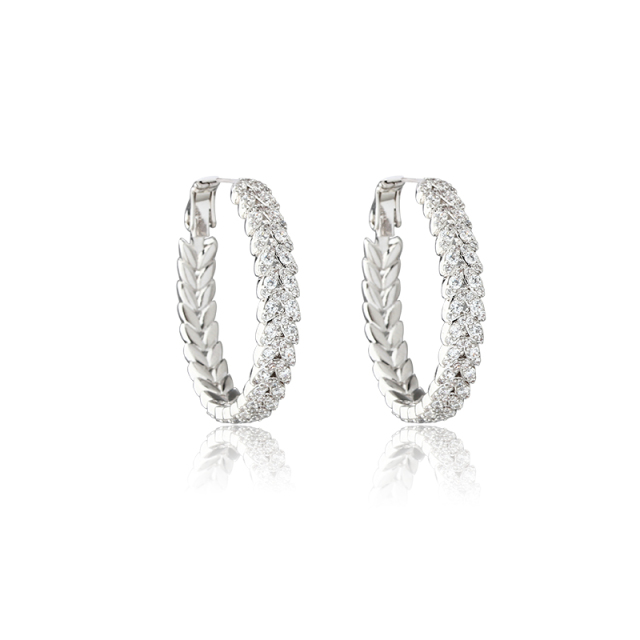 Silver-Tone Wheat Leaf & Pave CZ Hoop Earrings