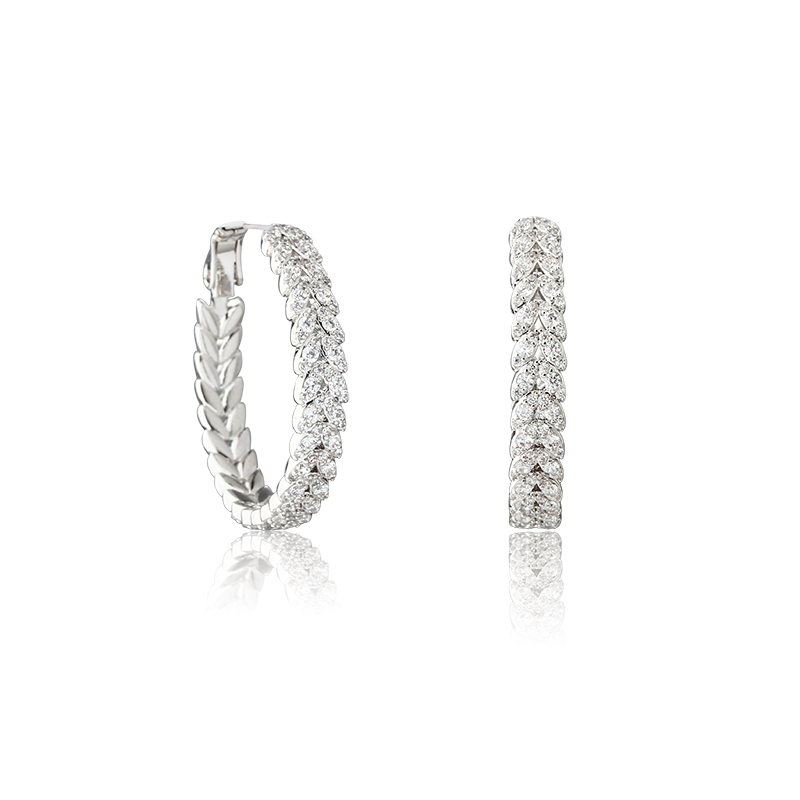 Silver-Tone Wheat Leaf & Pave CZ Hoop Earrings