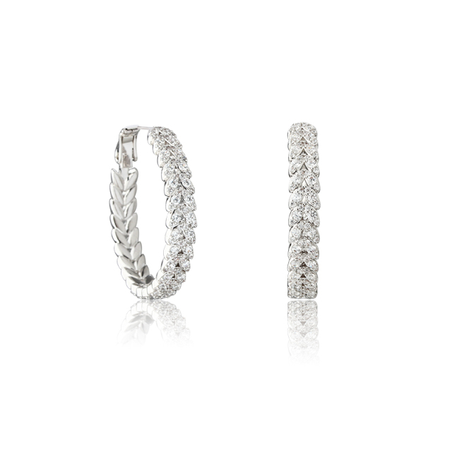 Silver-Tone Wheat Leaf & Pave CZ Hoop Earrings