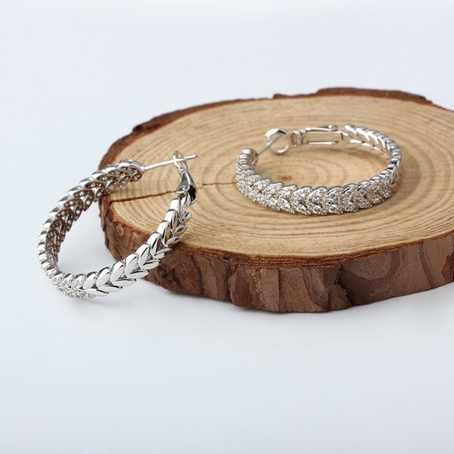 Silver-Tone Wheat Leaf & Pave CZ Hoop Earrings