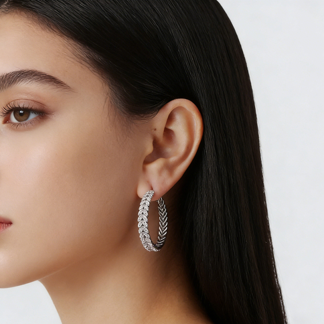 Silver-Tone Wheat Leaf & Pave CZ Hoop Earrings