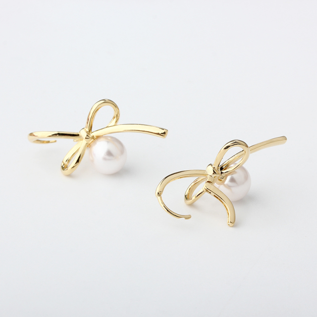 Gold-Tone Bow & Shell Pearl Hoop Earrings