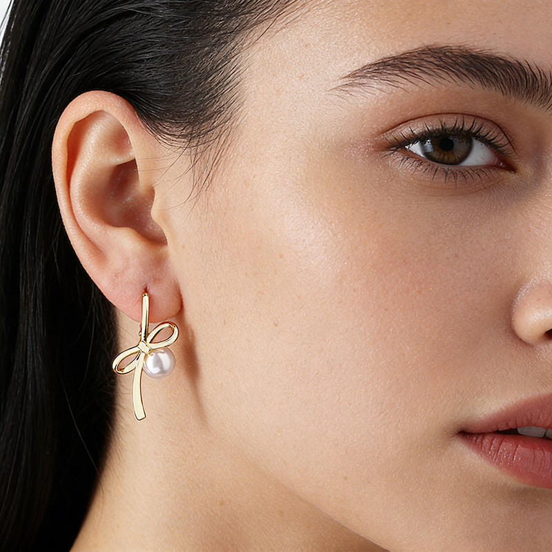 Gold-Tone Bow & Shell Pearl Hoop Earrings