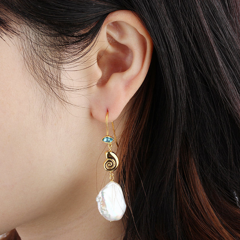925 Sterling Silver Snail and Marquise CZ Baroque Pearl Hook Eearrings