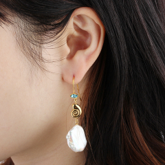 925 Sterling Silver Snail and Marquise CZ Baroque Pearl Hook Eearrings