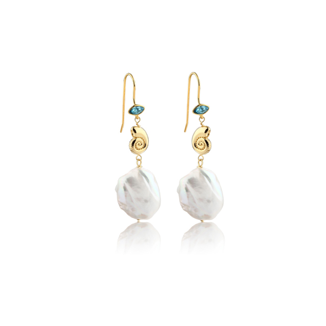 925 Sterling Silver Snail and Marquise CZ Baroque Pearl Hook Eearrings