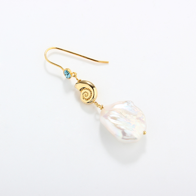 925 Sterling Silver Snail and Marquise CZ Baroque Pearl Hook Eearrings