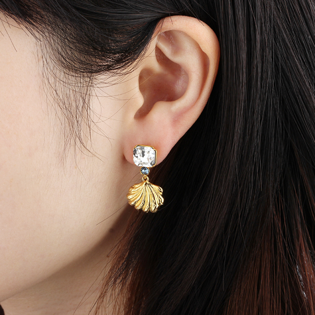 925 Sterling Silver Square Crystal Shell Earrings