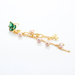 925 Sterling Silver Emerald CZ and Rose Pearl Tassel Earrrings