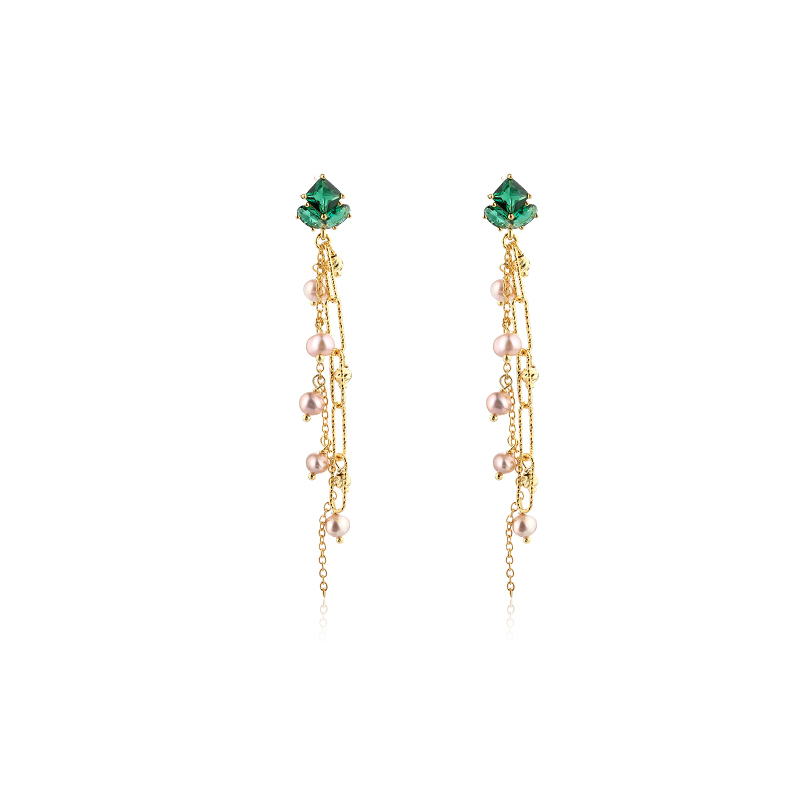 925 Sterling Silver Emerald CZ and Rose Pearl Tassel Earrrings