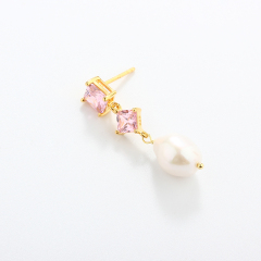 925 Sterling Silver Pink CZ Baroque Pearl Earrings Studs