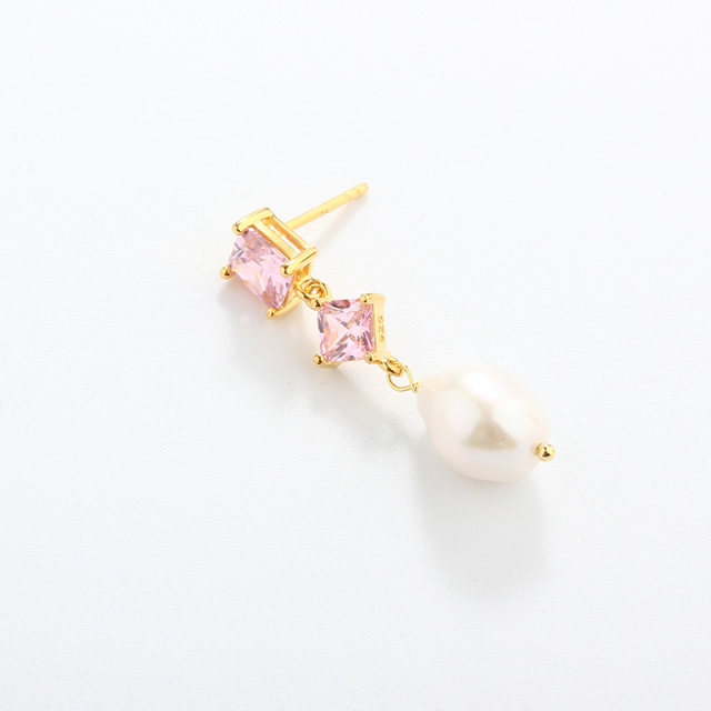925 Sterling Silver Pink CZ Baroque Pearl Earrings Studs