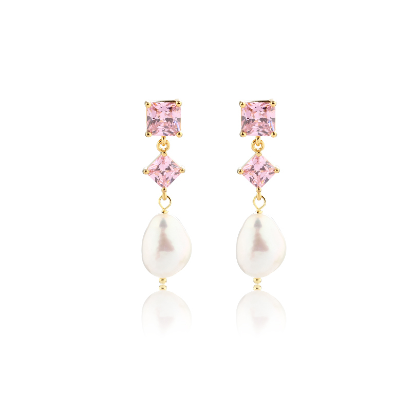 925 Sterling Silver Pink CZ Baroque Pearl Earrings Studs