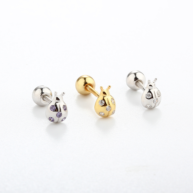 925 Sterling Silver CZ Beetle Earring Piercing