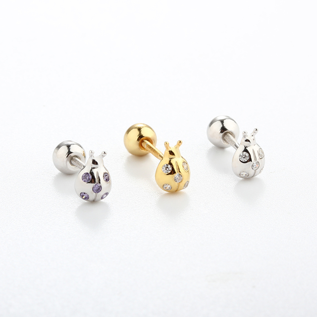 925 Sterling Silver CZ Beetle Earring Piercing