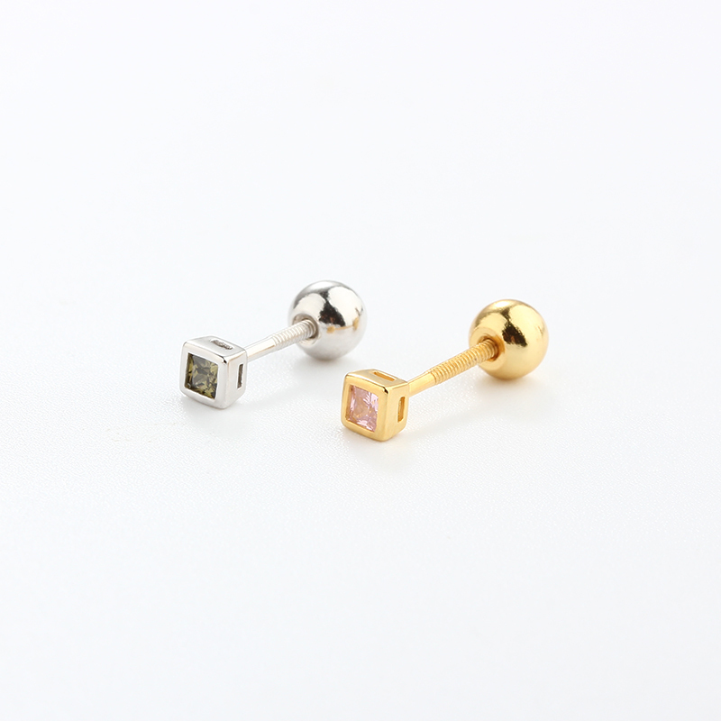 925 Sterling Silver CZ Square Earring Piercing