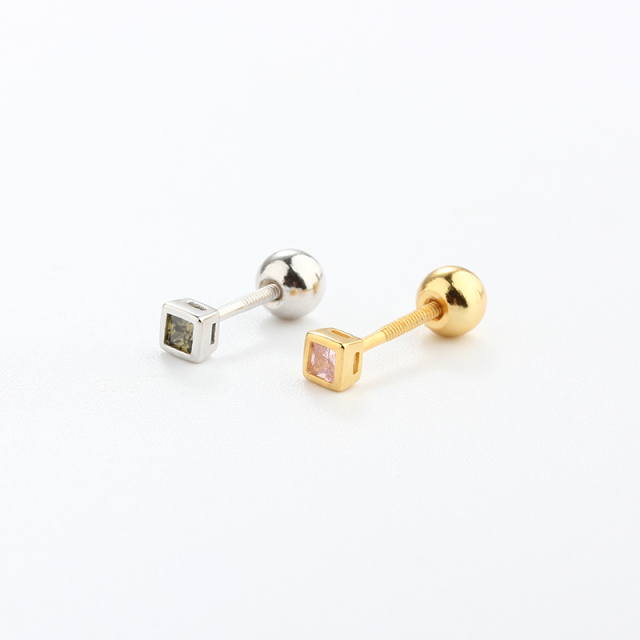 925 Sterling Silver CZ Square Earring Piercing