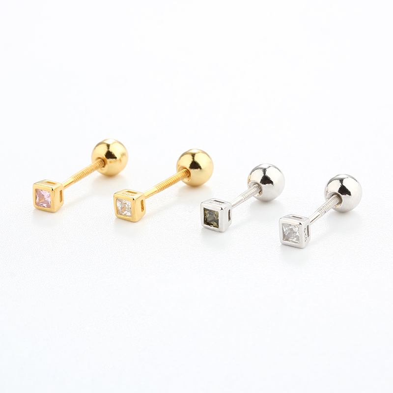 925 Sterling Silver CZ Square Earring Piercing