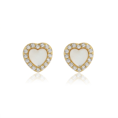 925 Sterling Silver CZ &amp; White Mother Pearl Heart Earrings Studs