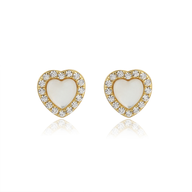 925 Sterling Silver CZ &amp; White Mother Pearl Heart Earrings Studs