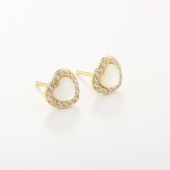 925 Sterling Silver CZ &amp; White Mother Pearl Heart Earrings Studs