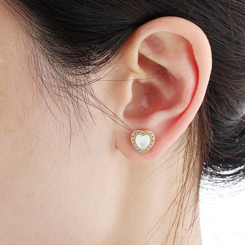 925 Sterling Silver CZ &amp; White Mother Pearl Heart Earrings Studs