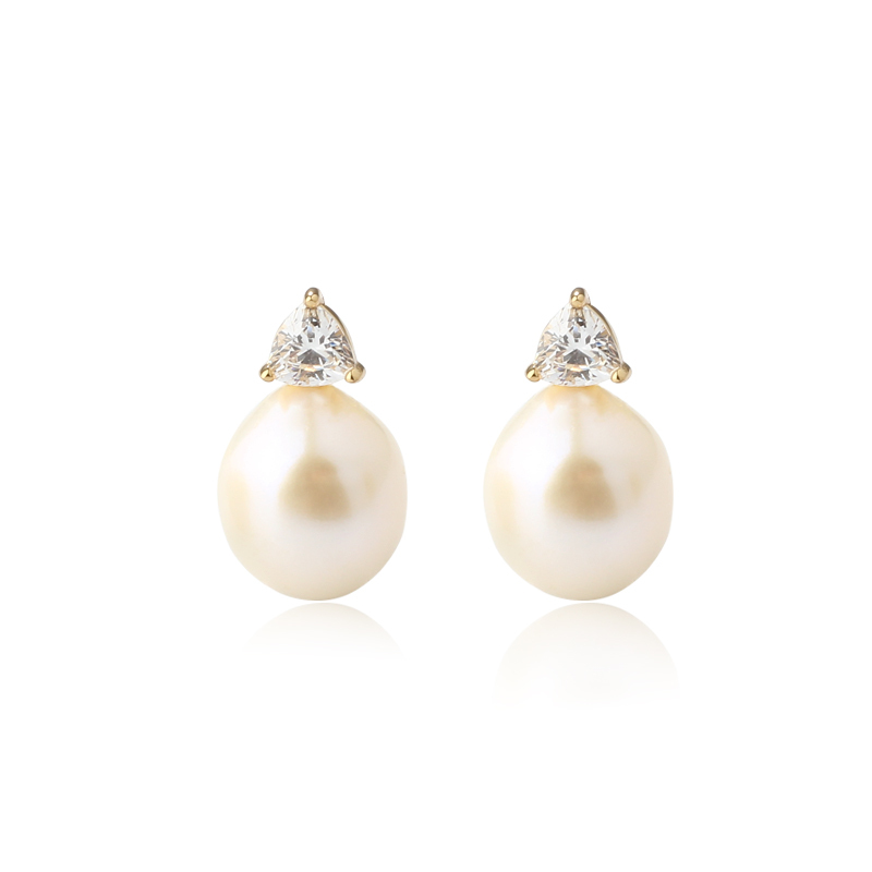 925 Sterling Silver Triangle CZ &amp; Button Pearl Stud Earrings