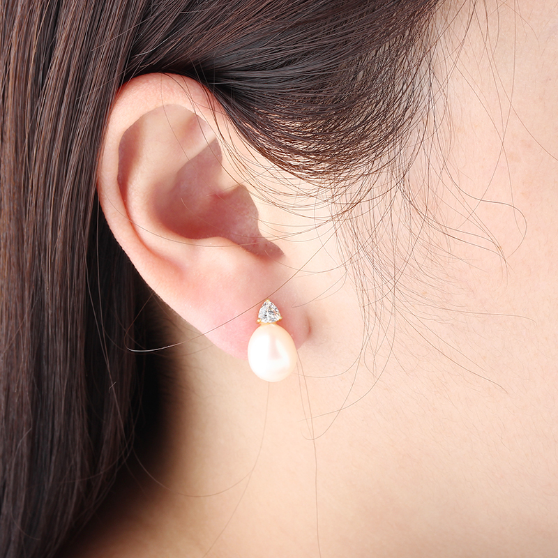 925 Sterling Silver Triangle CZ &amp; Button Pearl Stud Earrings