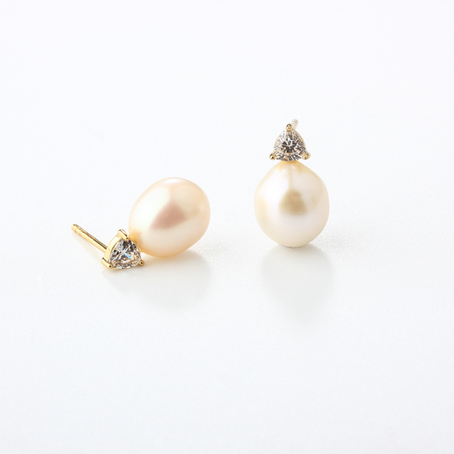 925 Sterling Silver Triangle CZ &amp; Button Pearl Stud Earrings