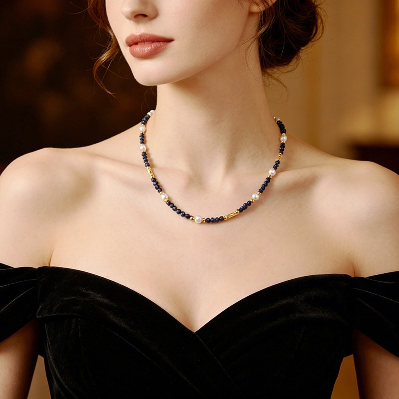 Natural Lolite & Pearl Beaded Necklace