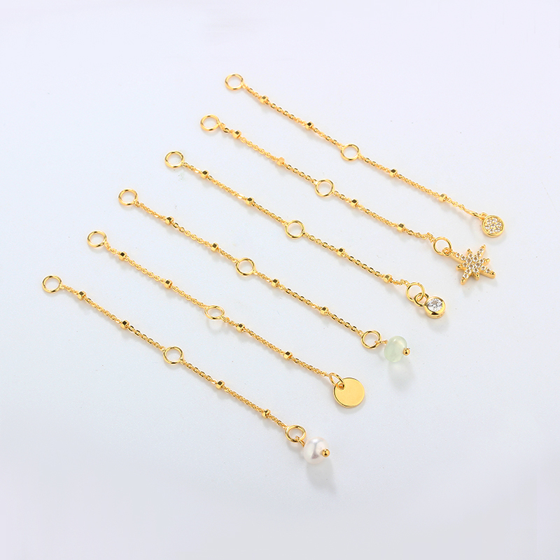 925 Sterling Silver Cable With Square Beads Chain Extender With Charm Ending