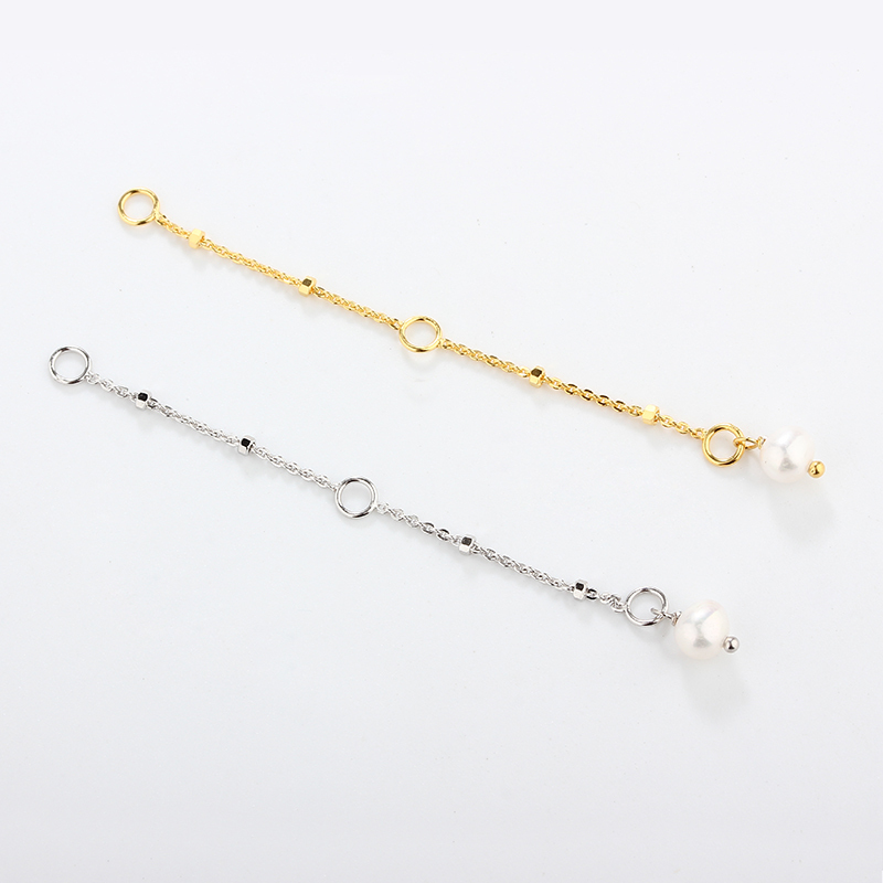 925 Sterling Silver Cable With Square Beads Chain Extender With Charm Ending