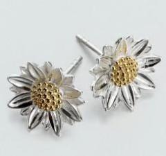 925 Sterling Silver Two-Tone Color Sunflower Stud Earring