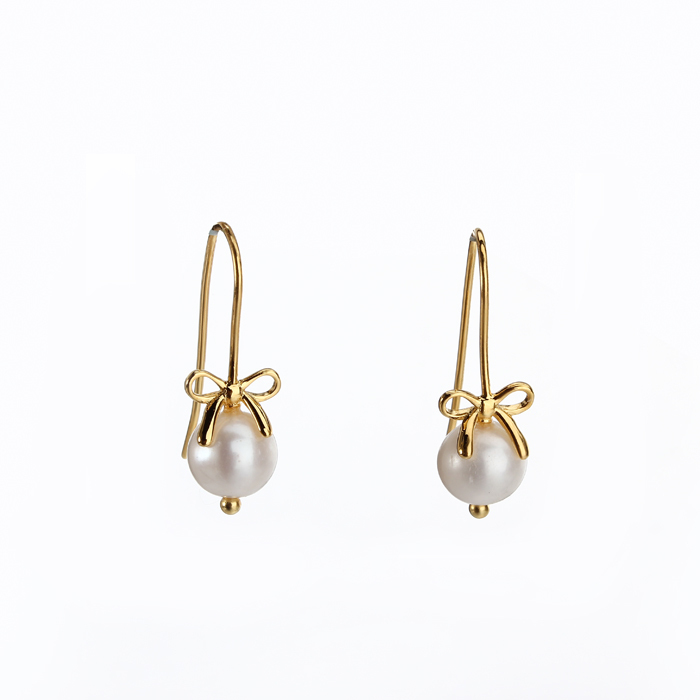 925 Sterling Silver Simple Bow Knot Earring With Fresh Water Pearl