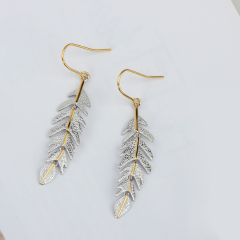 925 Sterling Silver Two Tone Color Hammered Leaf Hook Earrings