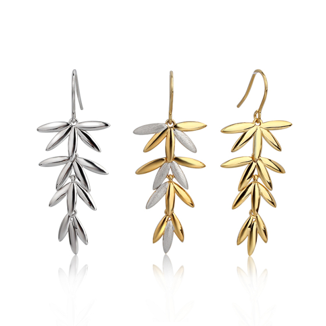 925 Sterling Silver Leaves Polished&Amp;Brushed Effect Earrings