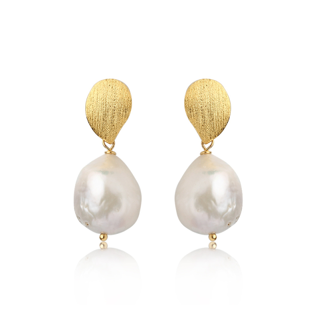 925 Sterling Silver Brushed Surface Baroque Pearl Earrings