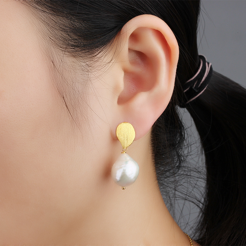 925 Sterling Silver Brushed Surface Baroque Pearl Earrings