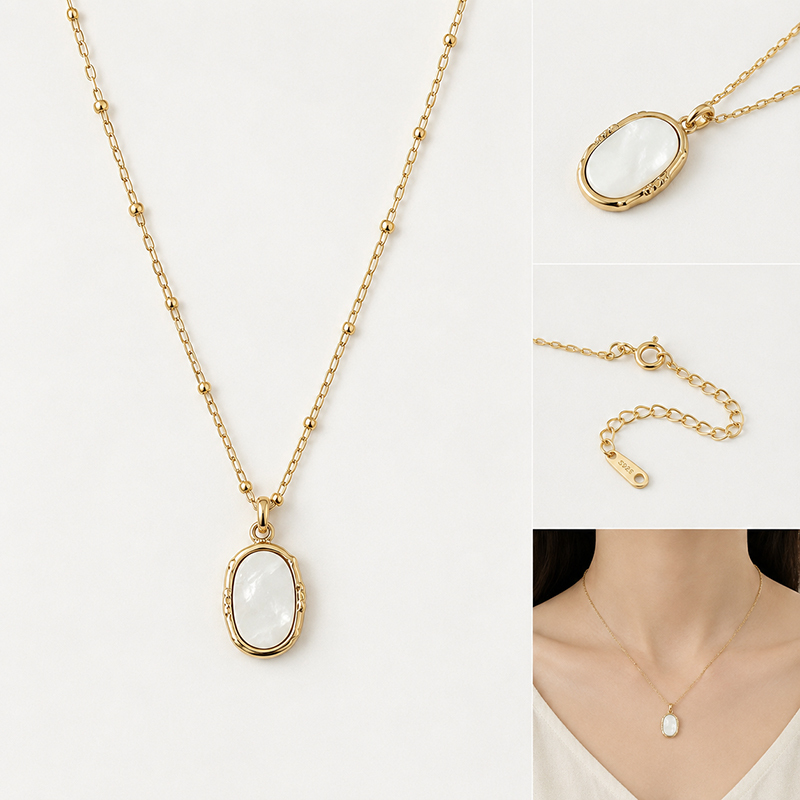 18K Gold PVD Plated Stainless Steel Oval Mother of Pearl Charm
