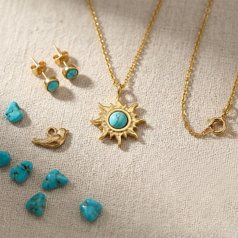18K Gold PVD Plated Stainless Steel Sun Turquoise Charm