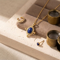 18K Gold PVD Plated Stainless Steel Oval Lapis Lazuli Charm