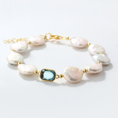 925 Sterling Silver Crystal & Baroque Pearl Bracelet