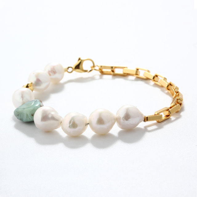 925 Sterling Silver Larimar Gemstone &amp; Baroque Pearl Box Chain Bracelet
