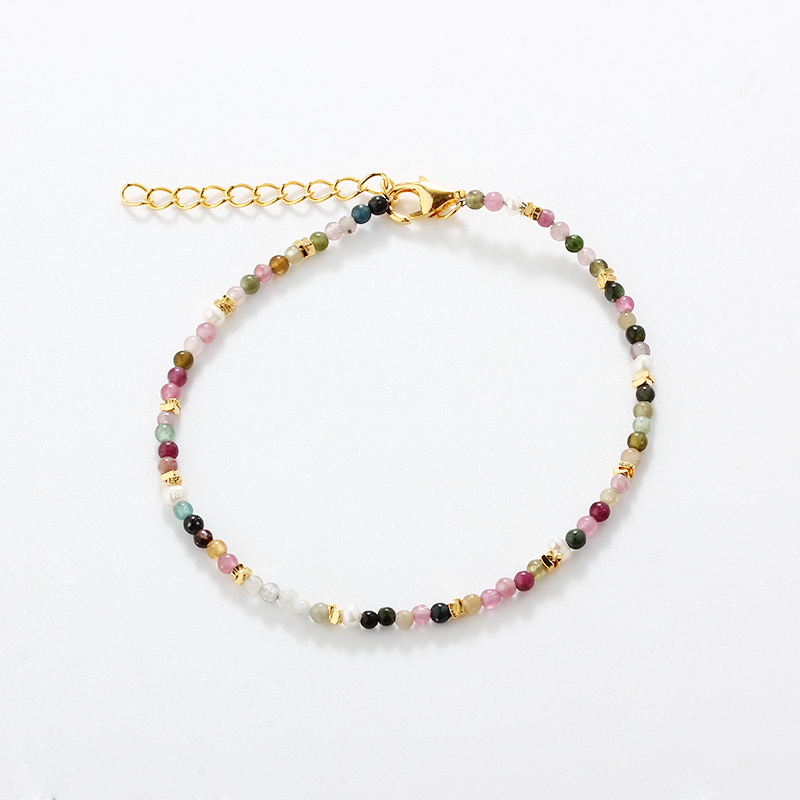 925 Sterling Silver 2mm Tourmaline Gemstone &amp; Pearl Bracelet