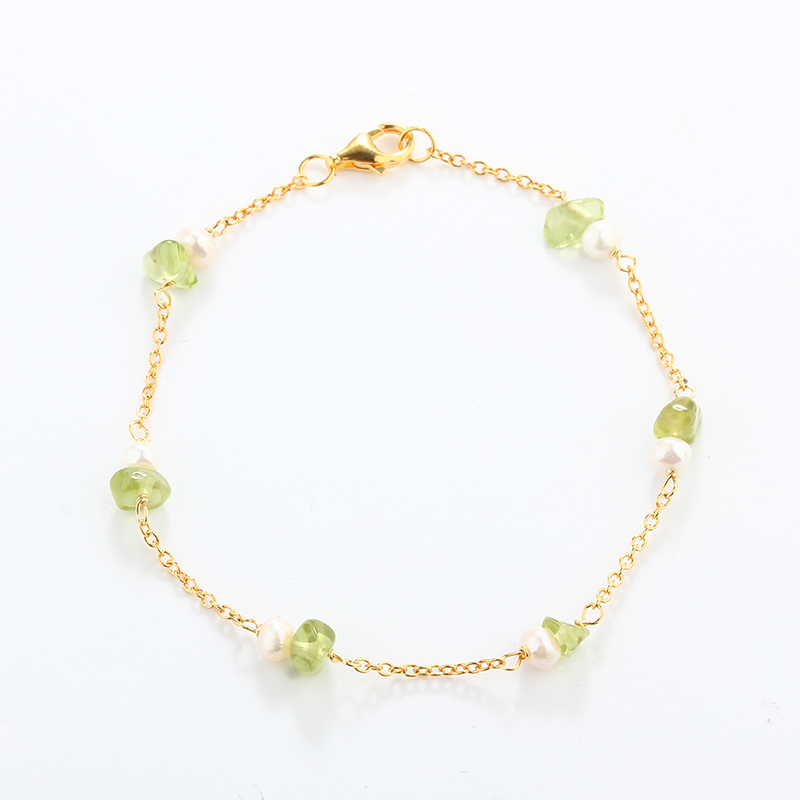925 Sterling Silver Prehnite Gemstone and Pearl Bracelet