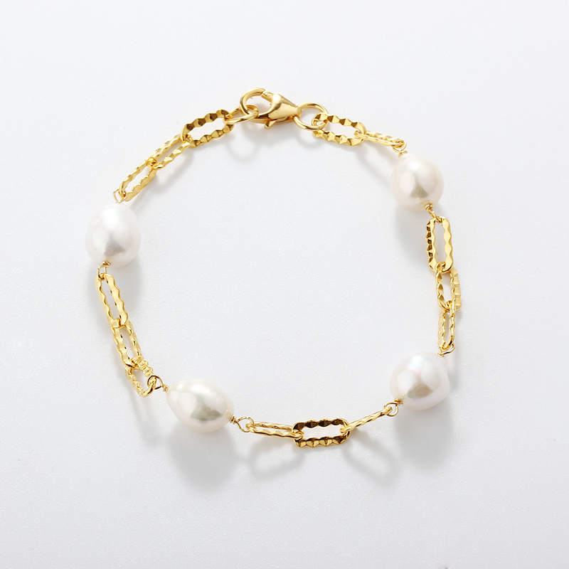 925 Sterling Silver Hammered Paperclip Chain Baroque Pearl Bracelet