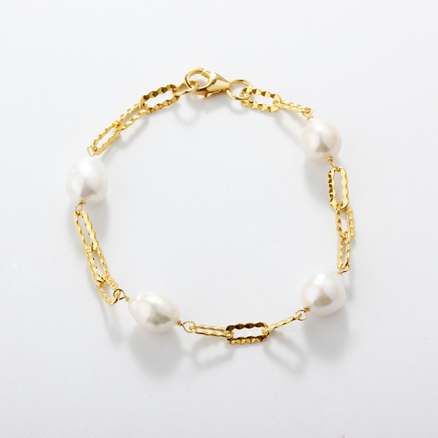 925 Sterling Silver Hammered Paperclip Chain Baroque Pearl Bracelet