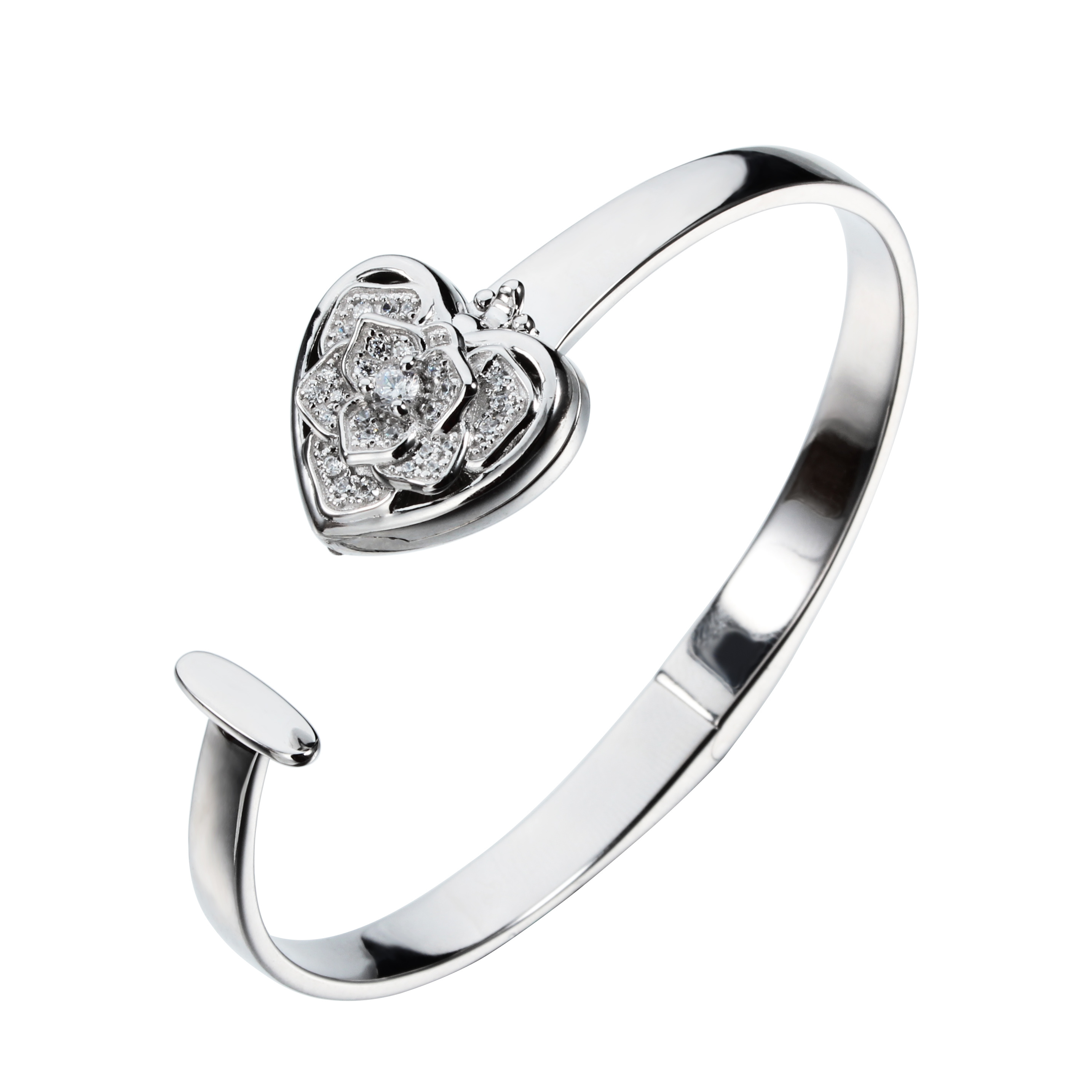 925 Sterling Silver CZ Heart Locket Charm Open Bangle