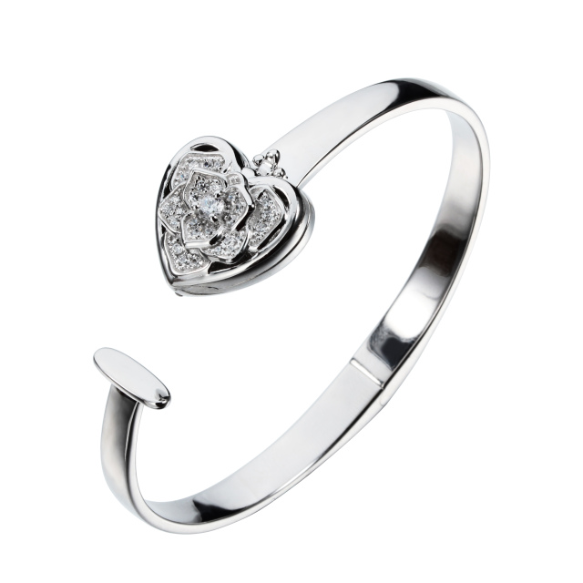 925 Sterling Silver CZ Heart Locket Charm Open Bangle